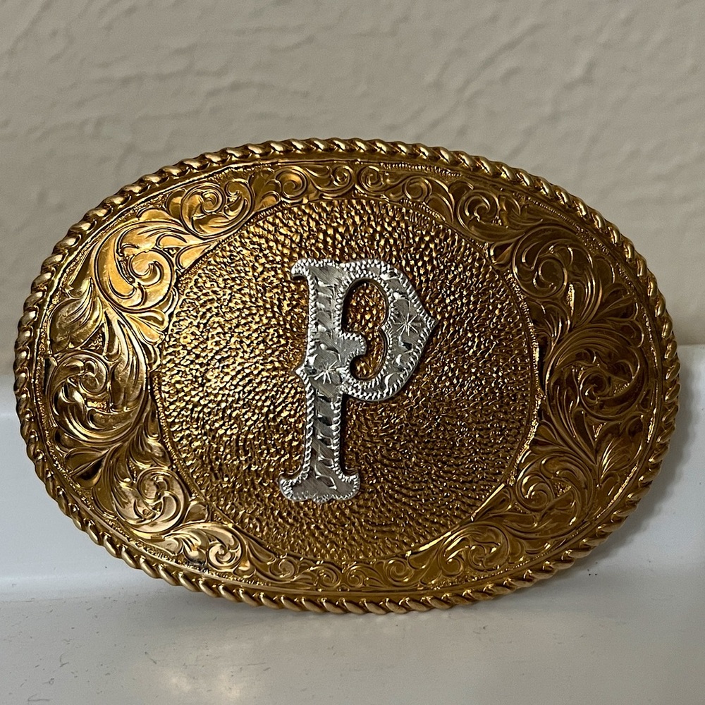 Vintage El Arturo Crumrine P Initial, Bronze & Silver Belt Buckle sz 3.75”
